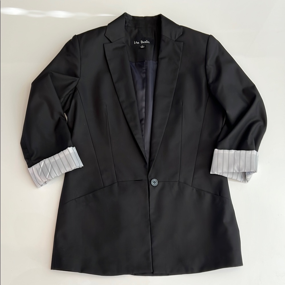 Iris Basic Black Blazer with Notched Lapel, pockets, vent Striped Lined sleeves